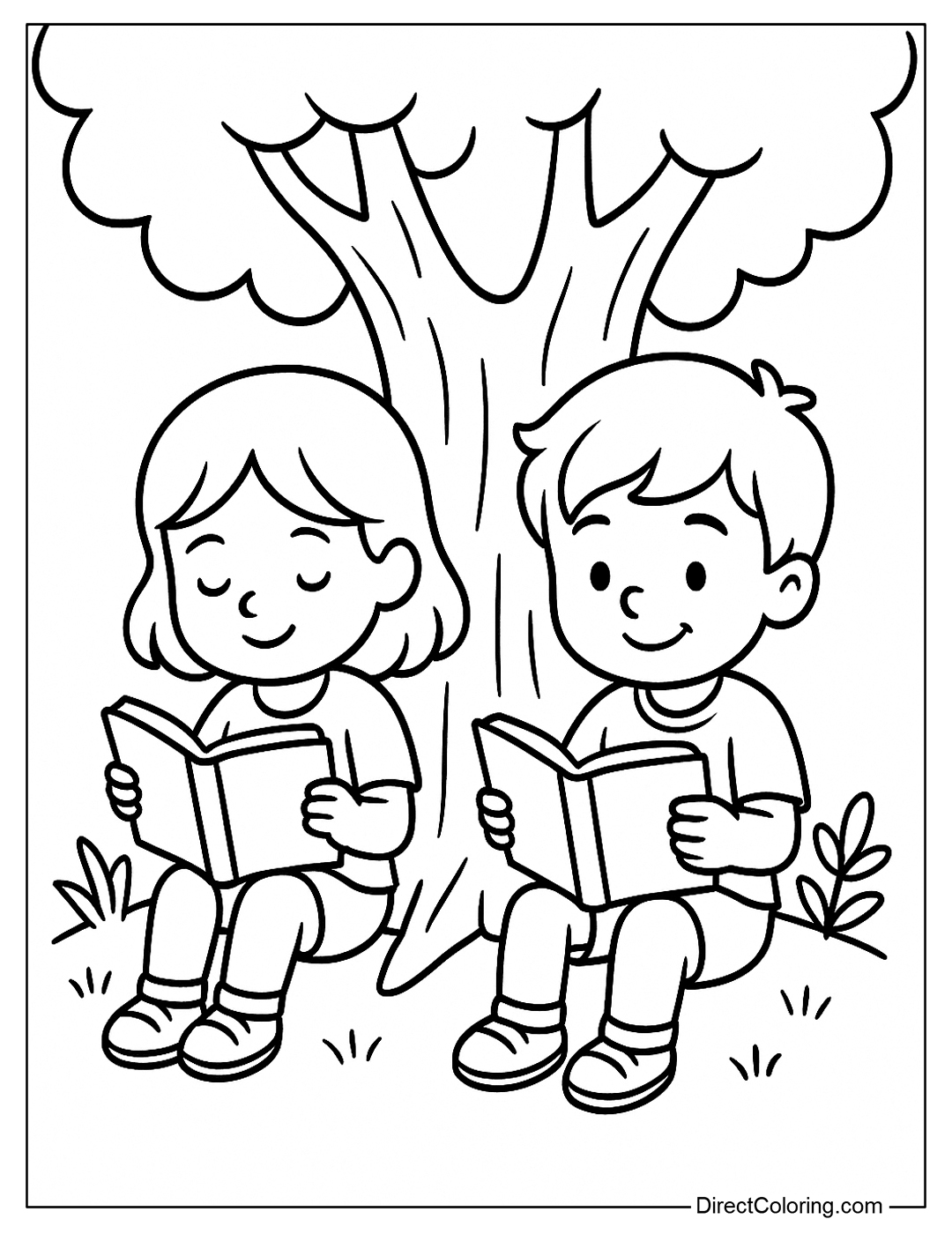 Coloring page of two children reading under a big tree